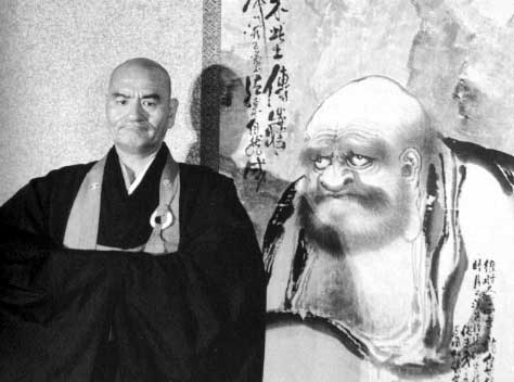 Zen Master Taisen Deshimaru next to Boddidharma