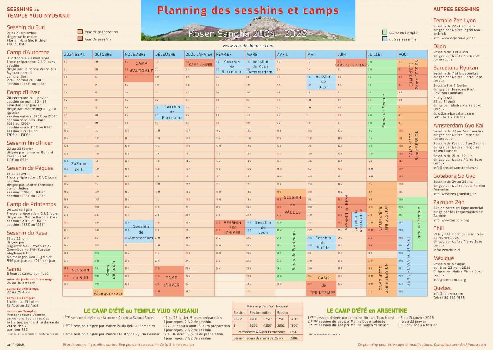 Planning des sesshins : retraites zen de méditation